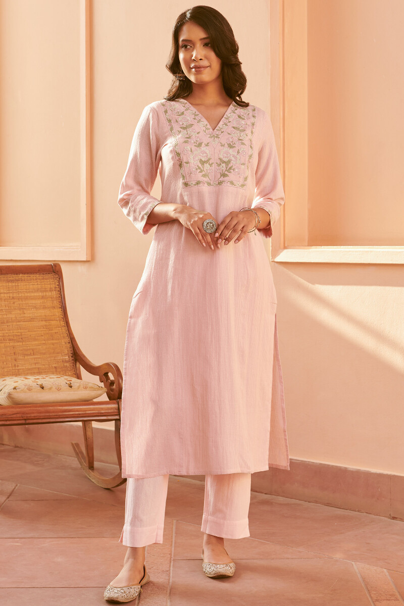 Pink Handcrafted Straight Cotton Flax Kurta