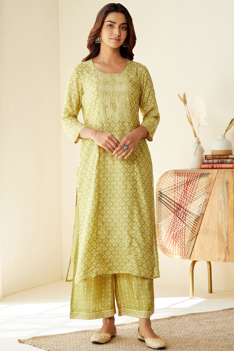 Yellow Printed Straight Viscose Kurta