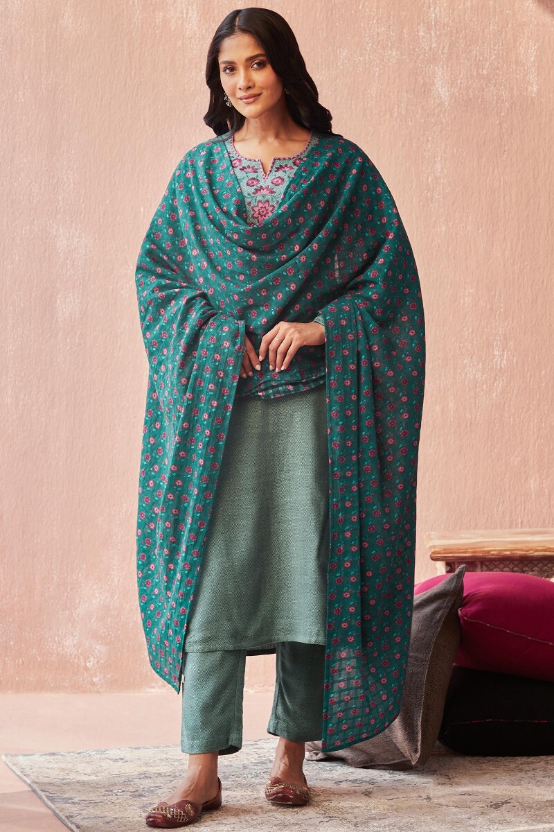 Teal Printed Cotton Dobby Dupatta