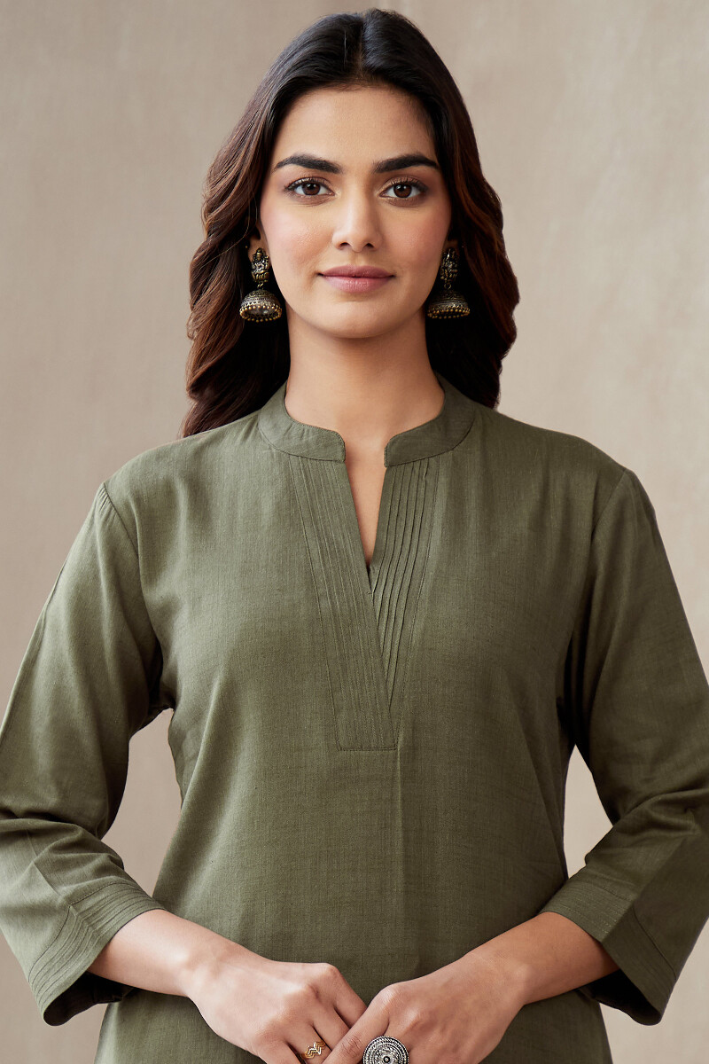 Olive Green Handcrafted Straight Rayon Slub Kurta