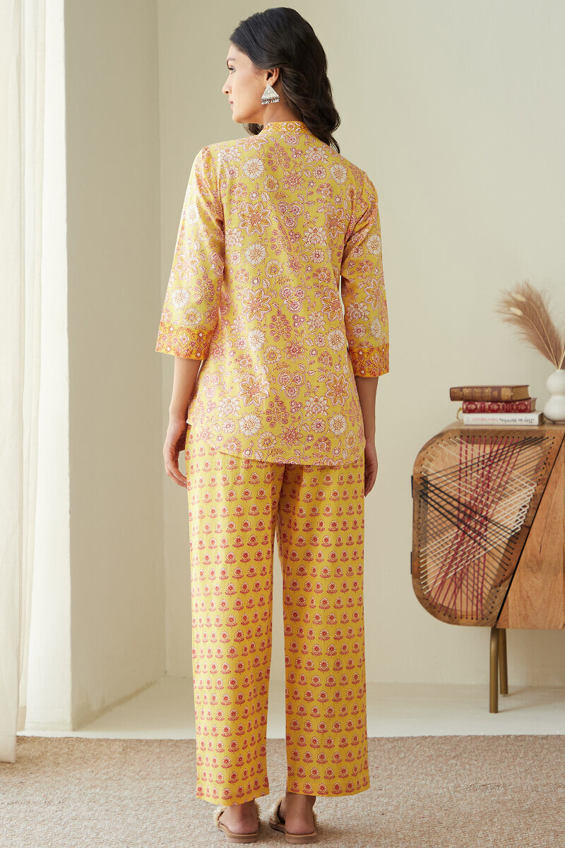 Yellow Hand Printed Cotton Loungewear Set