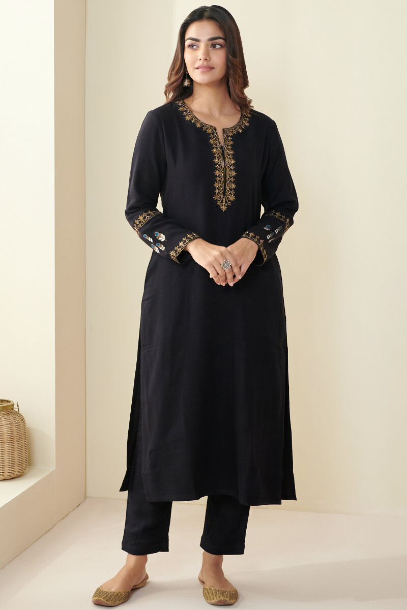 Black Handcrafted Straight Faux Wool Kurta