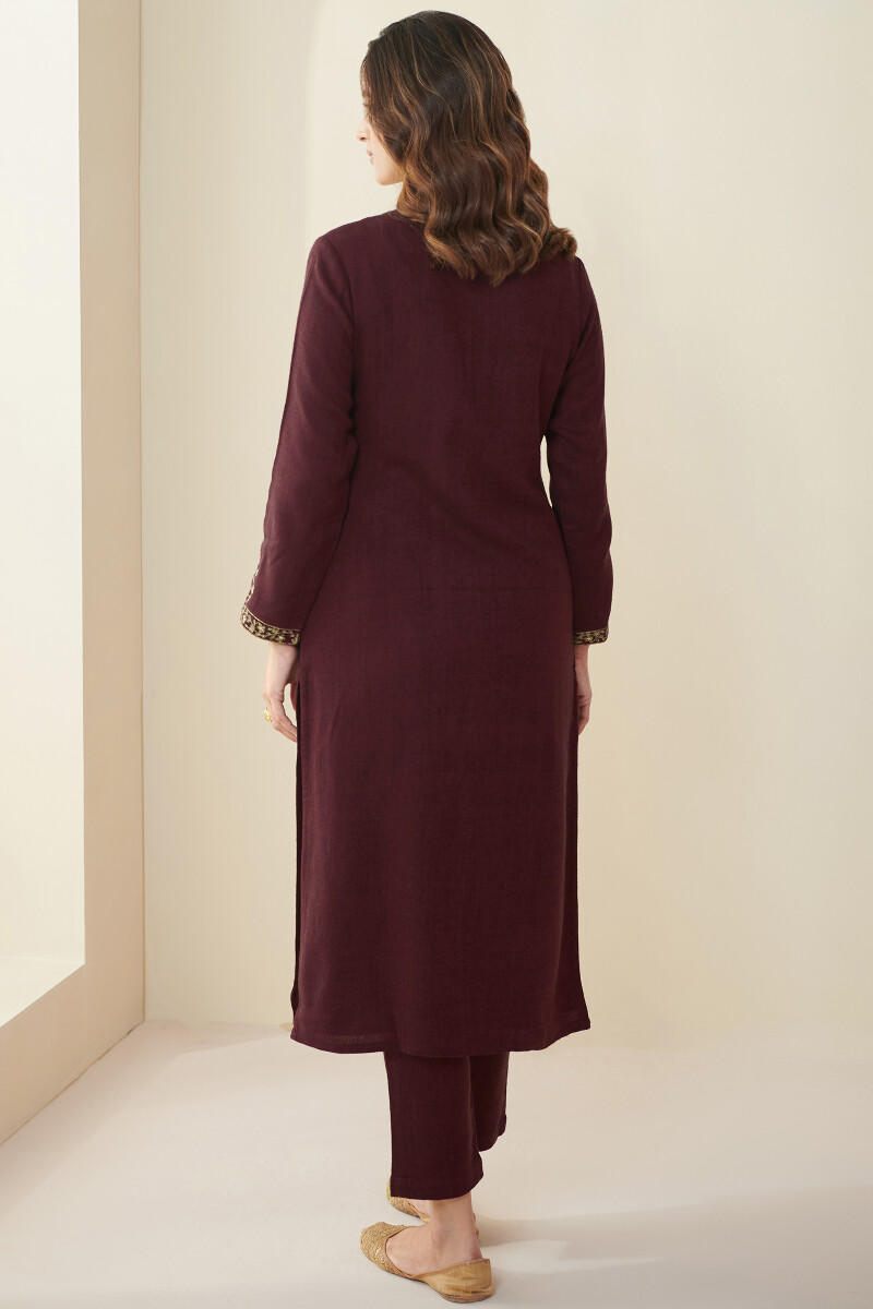 Maroon Handcrafted Straight Faux Wool Kurta