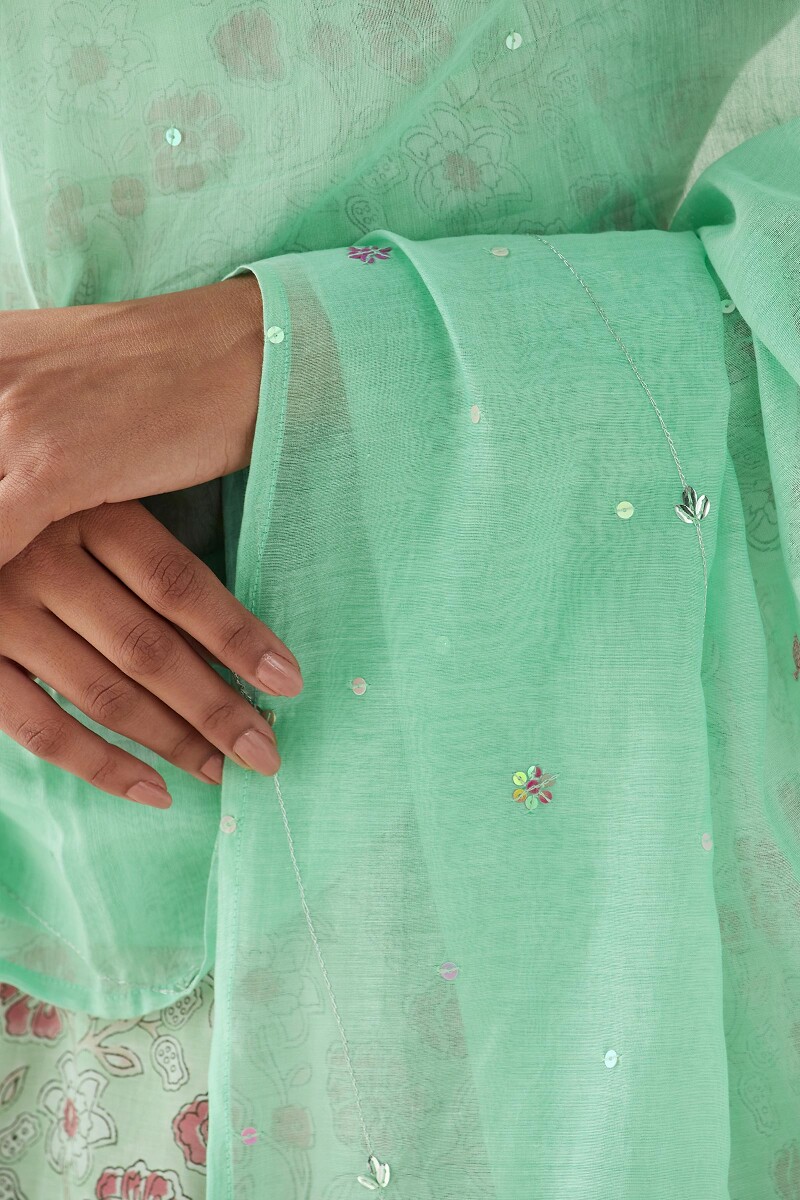 Green Handcrafted Cotton Silk Dupatta