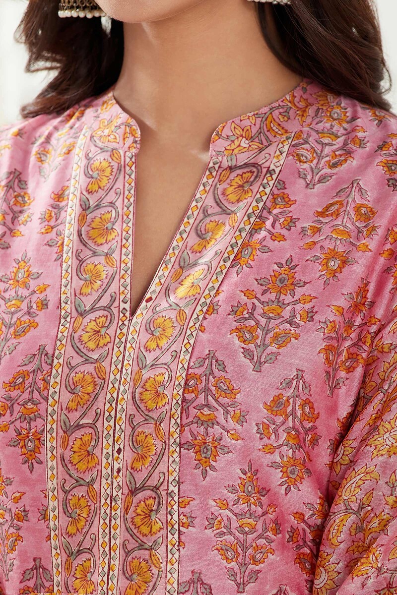 Pink Hand Block Printed Anarkali Chanderi Kurta