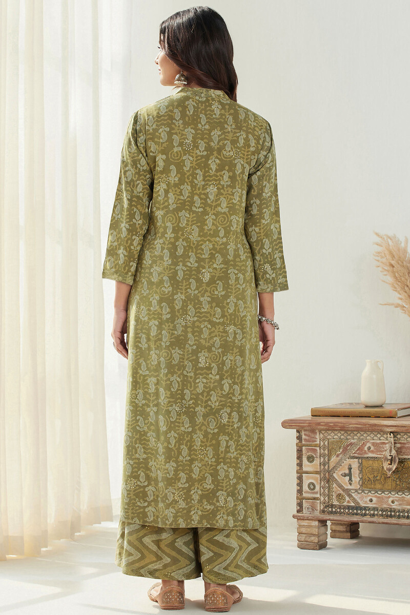 Green Hand Block Printed Straight Modal Kurta