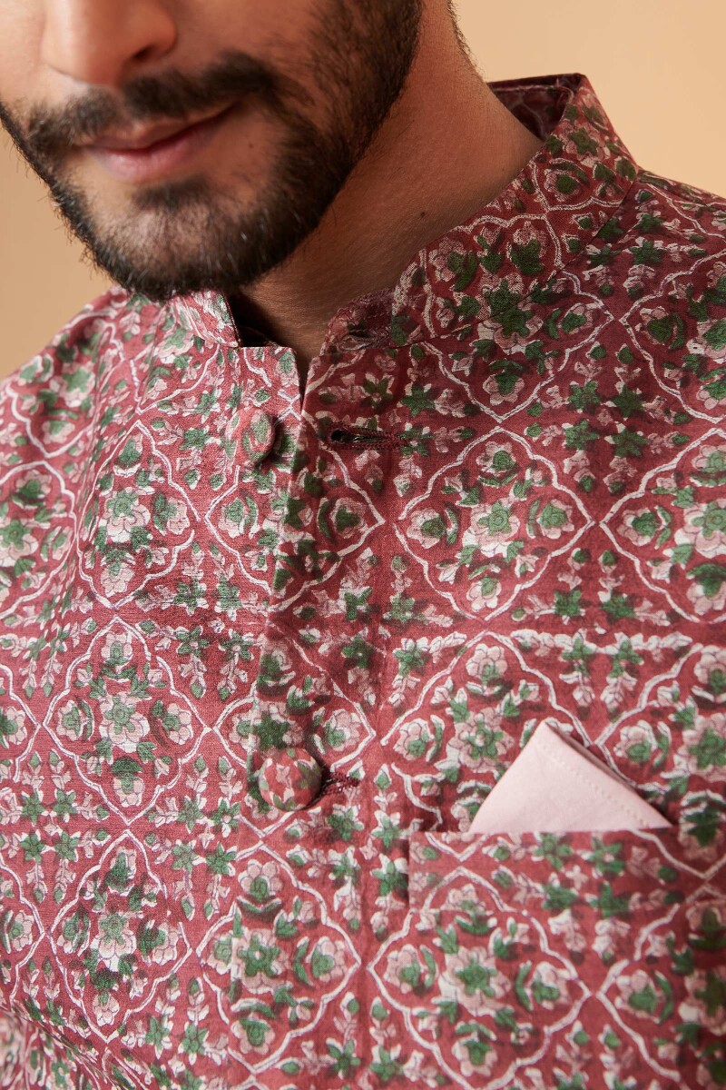 Maroon Hand Block Printed Chanderi Nehru Jacket