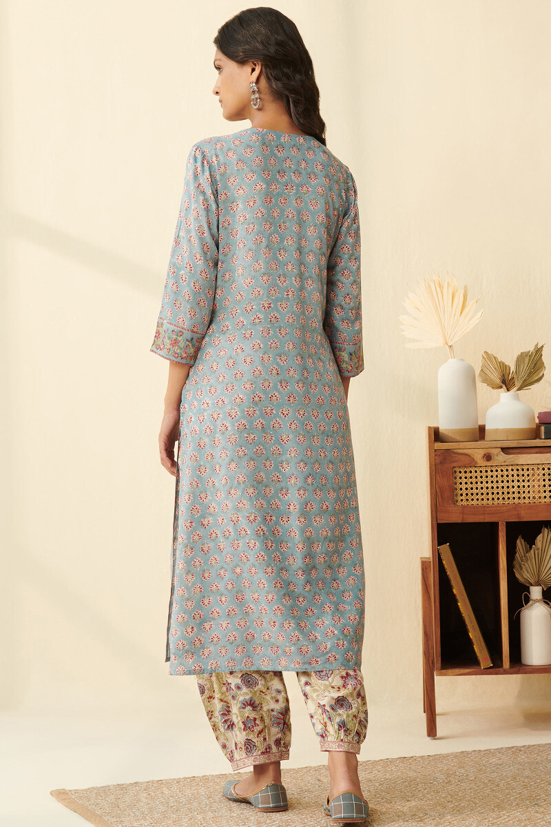 Blue Hand Block Printed Straight Modal Kurta