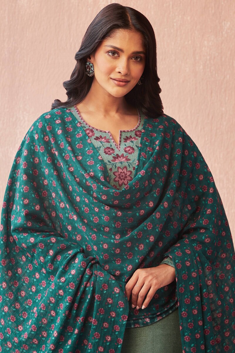 Teal Printed Cotton Dobby Dupatta