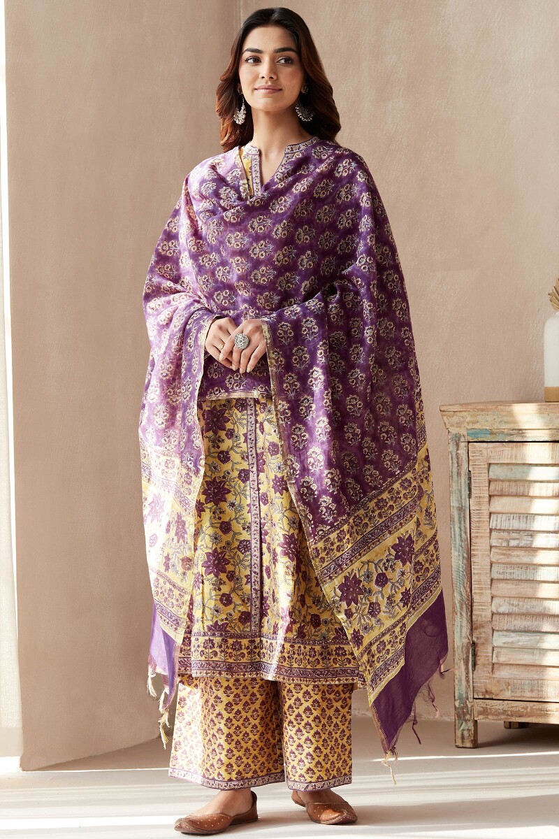 Yellow Hand Block-Printed Chanderi Farsi