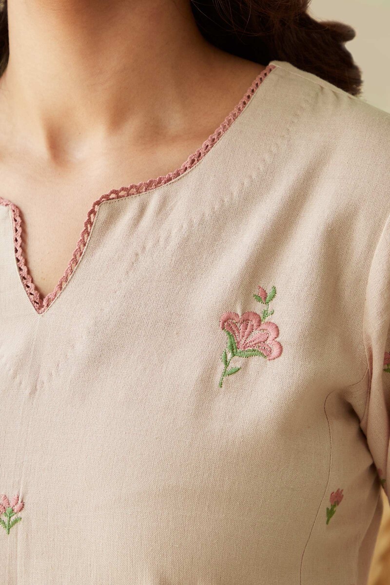Peach Handcrafted Straight Cotton Flax Kurta