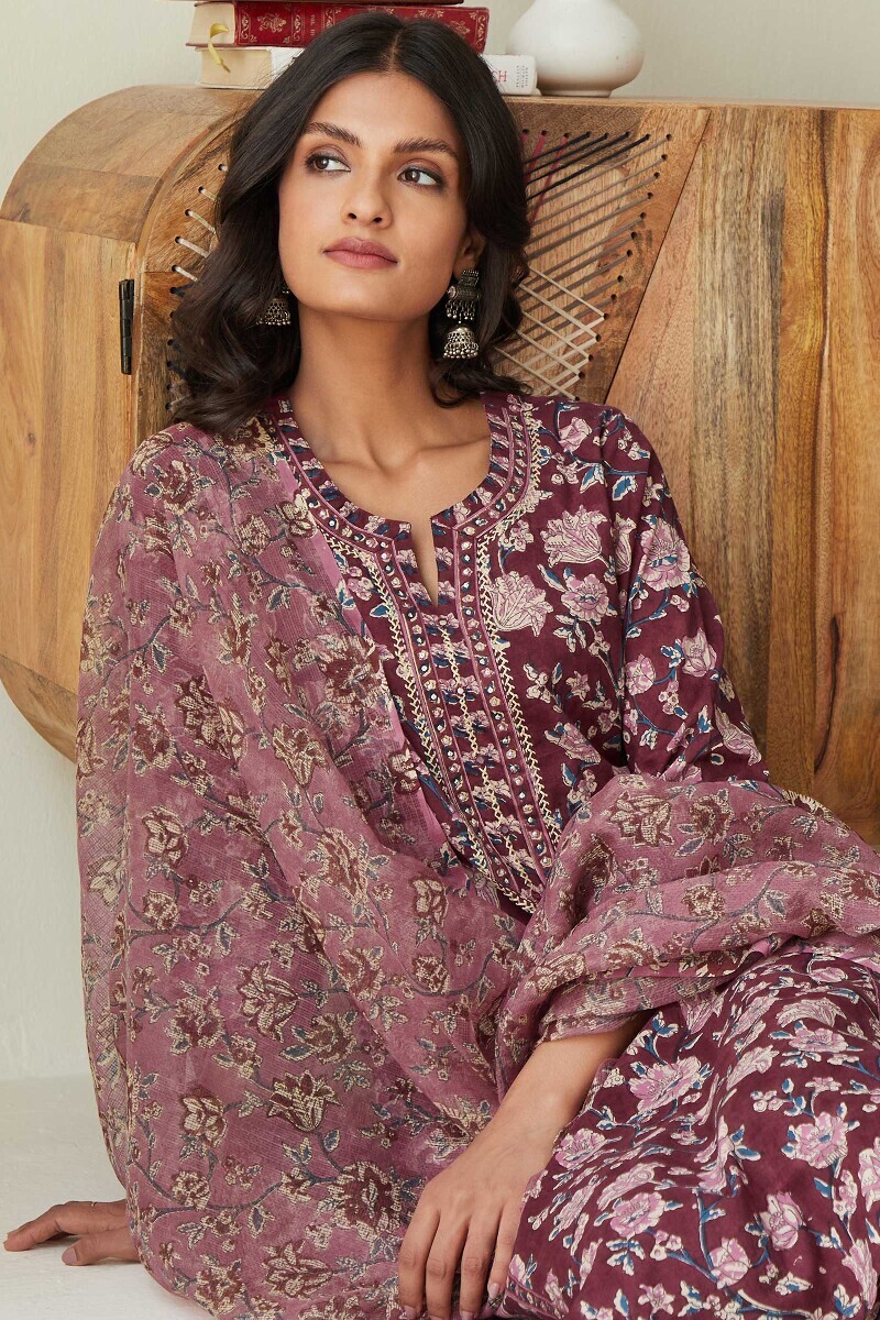 Maroon Hand Block-Printed Straight Cotton Kurta