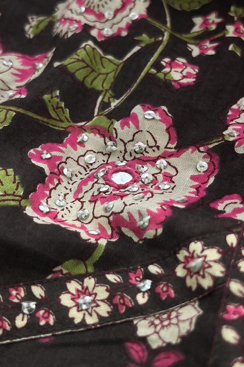 Brown Hand Printed Straight Cotton Kurta