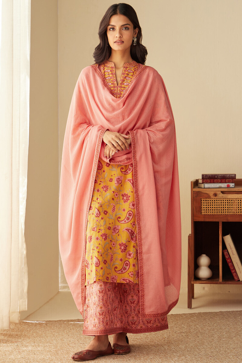 Mustard Hand Printed Straight Cotton Kurta