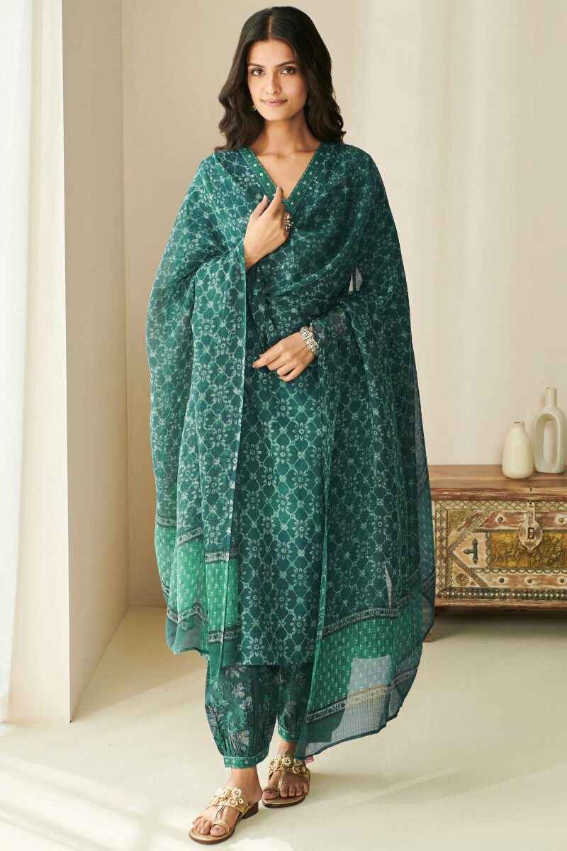 Turquoise Blue Hand Block Printed Cotton Izhaar Pants