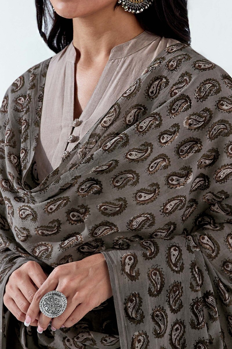 Grey Hand Block Printed Cotton Mul Dupatta