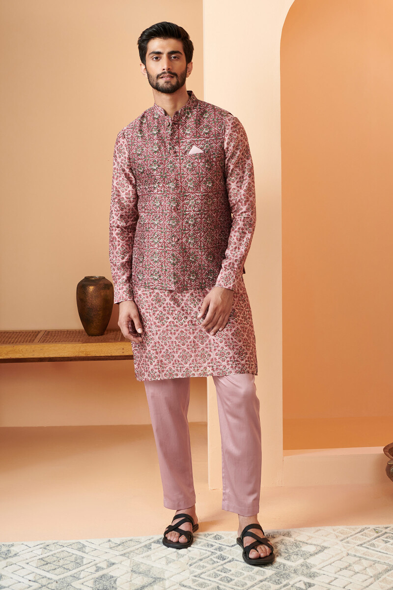 Maroon Hand Block Printed Chanderi Nehru Jacket