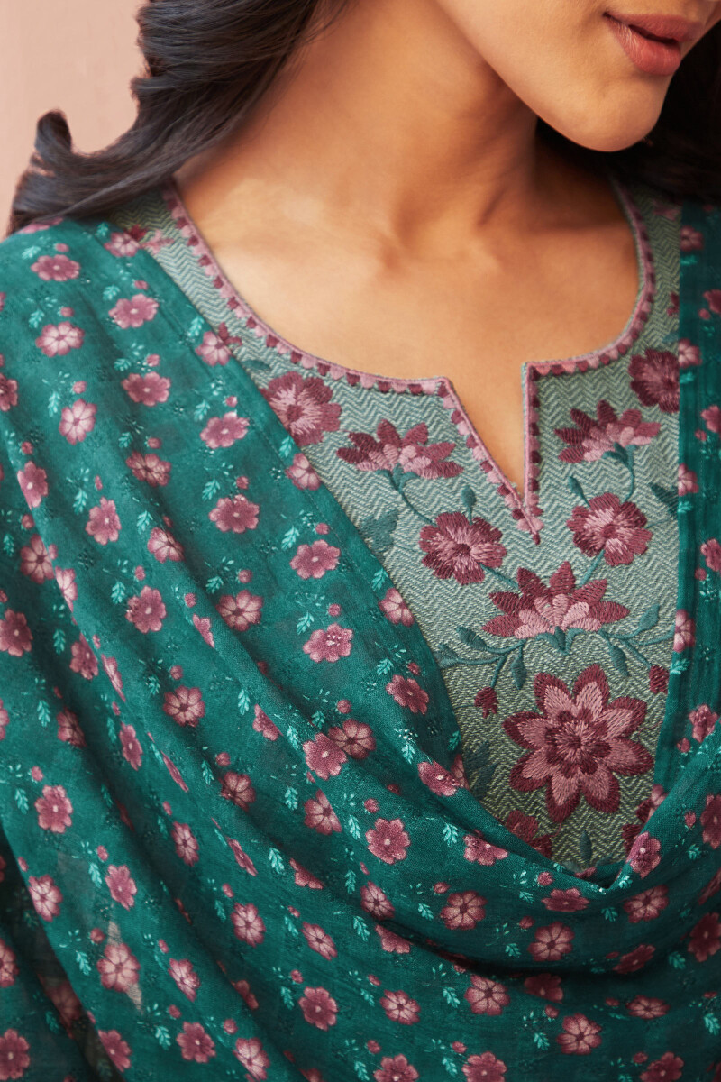 Teal Printed Cotton Dobby Dupatta