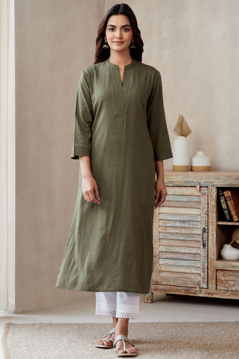 Olive Green Handcrafted Straight Rayon Slub Kurta