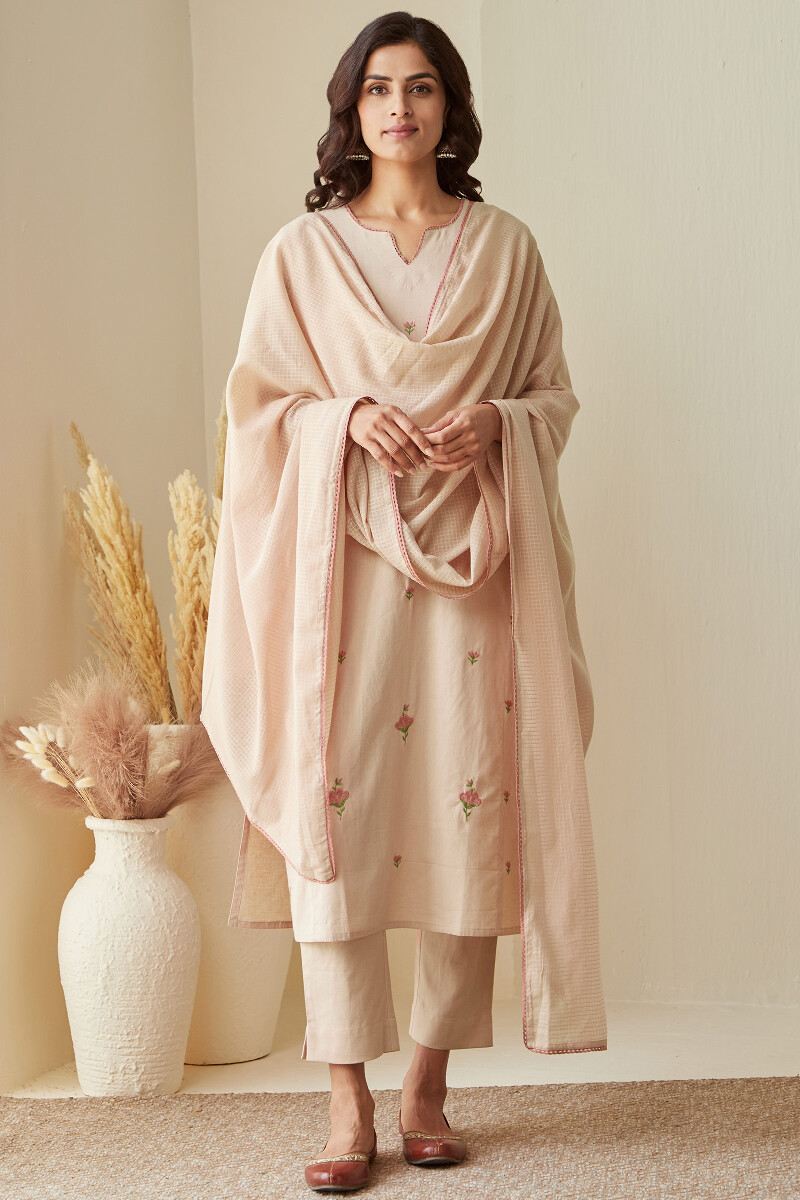 Peach Handcrafted Straight Cotton Flax Kurta