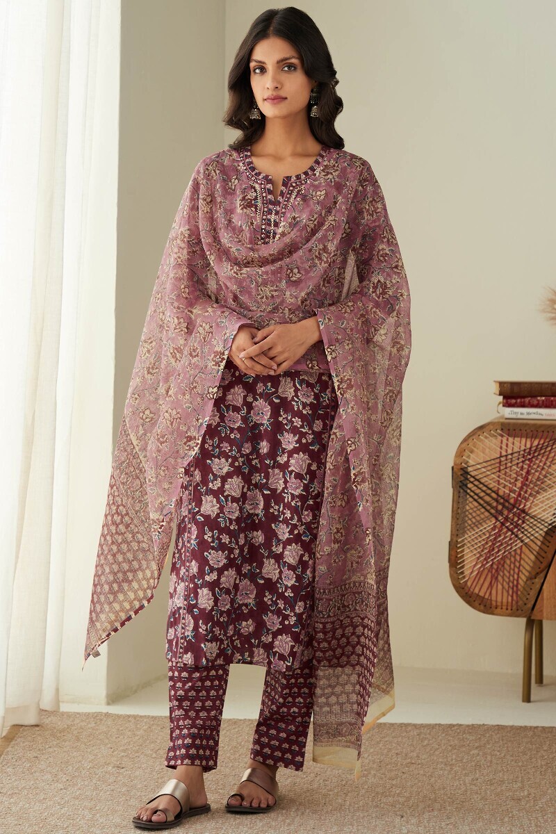 Maroon Hand Block-Printed Straight Cotton Kurta