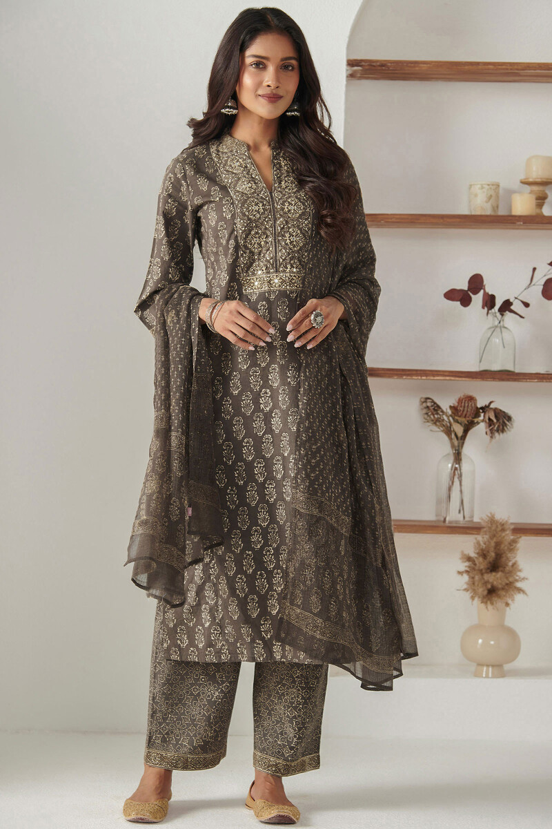 Brown Hand Block Printed Straight Cotton Kurta