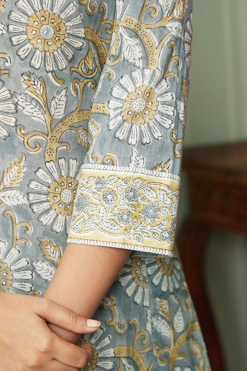 Grey Hand Block-Printed A-Line Cotton Mul Kurta