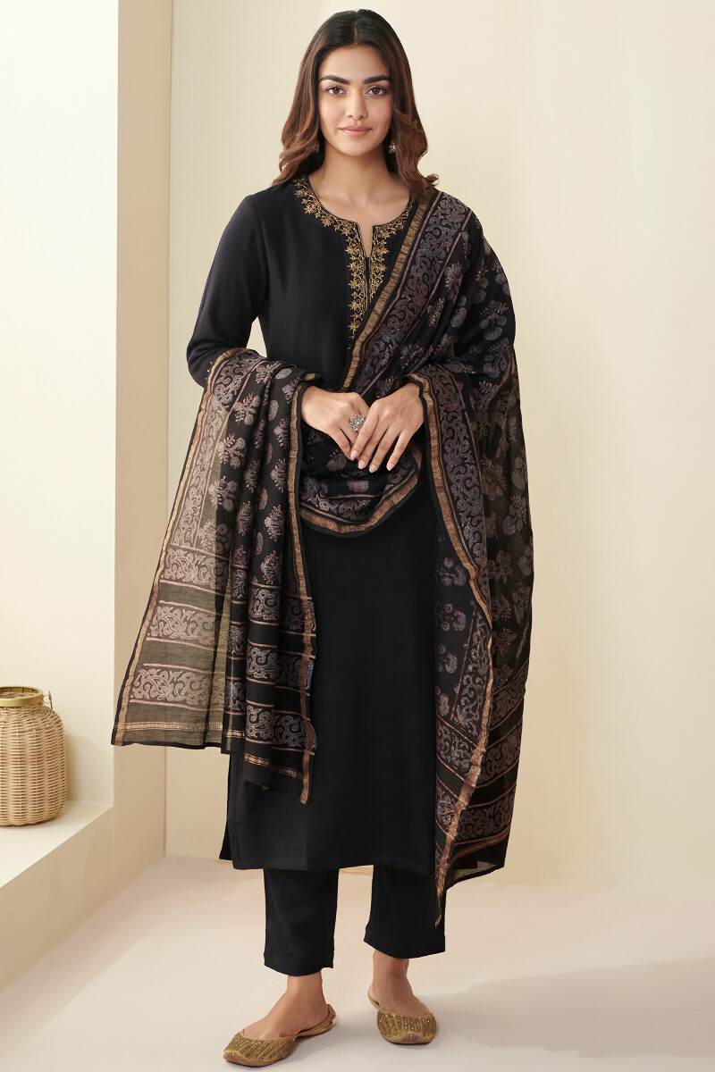 Black Hand Block Printed Chanderi Dupatta