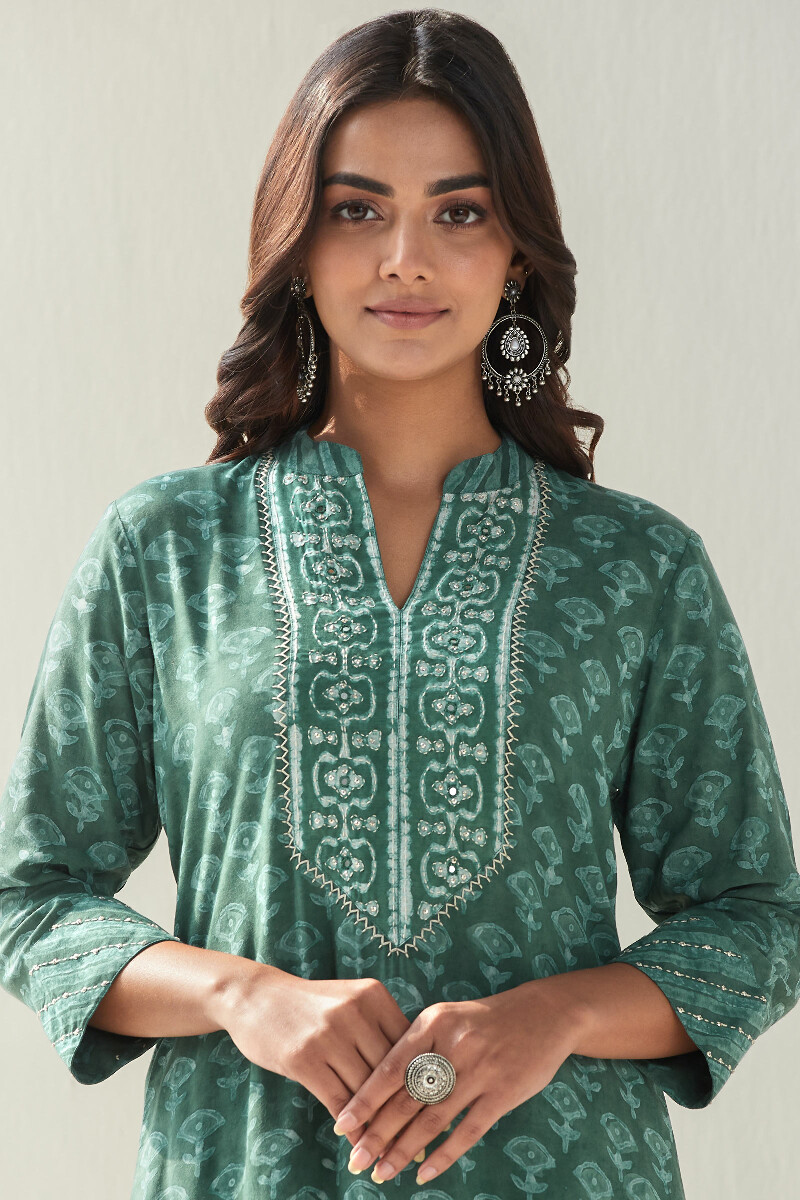 Green Hand Block Printed Straight Modal Kurta