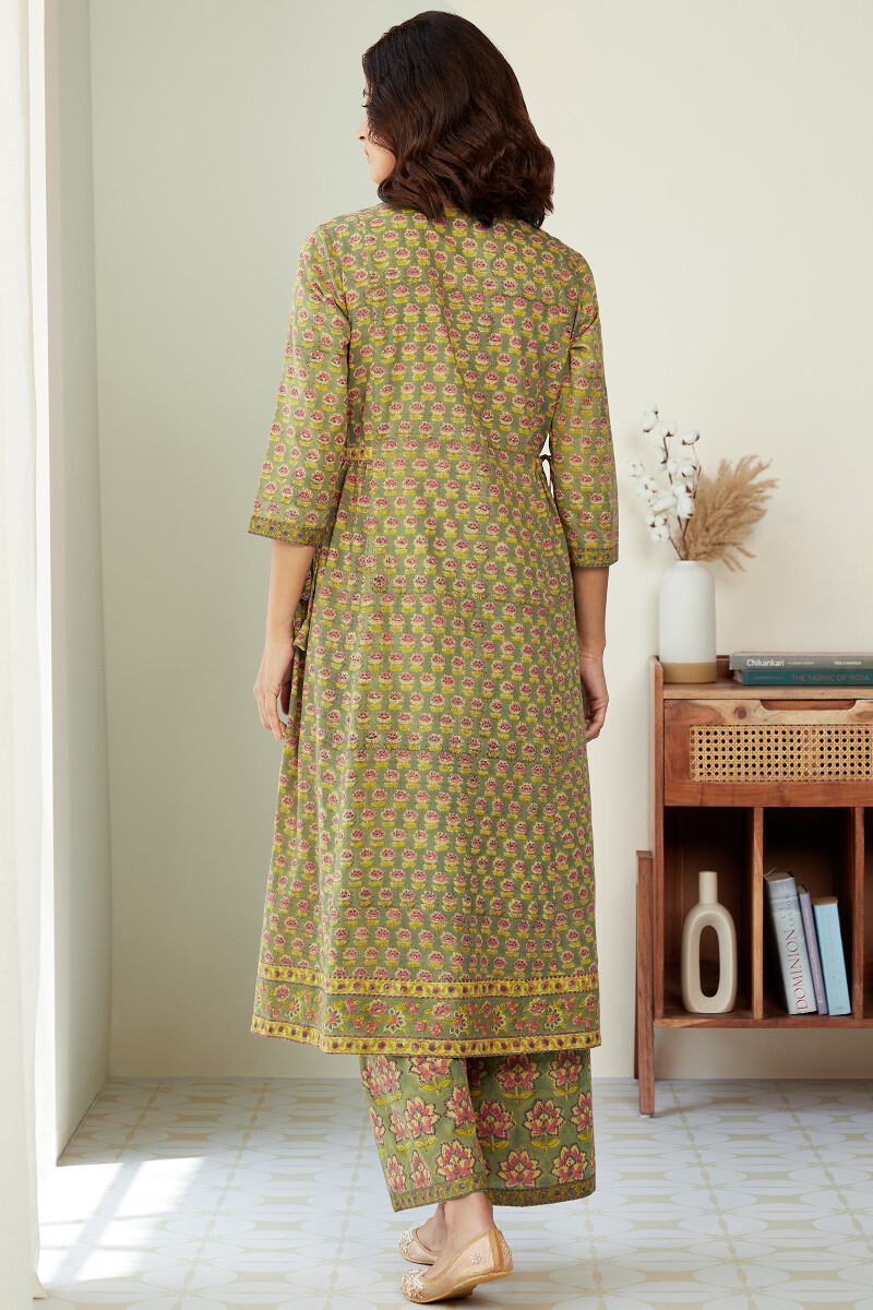 Olive Green Hand Block-Printed A-Line Cotton Kurta