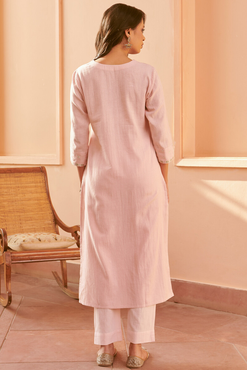 Pink Handcrafted Straight Cotton Flax Kurta