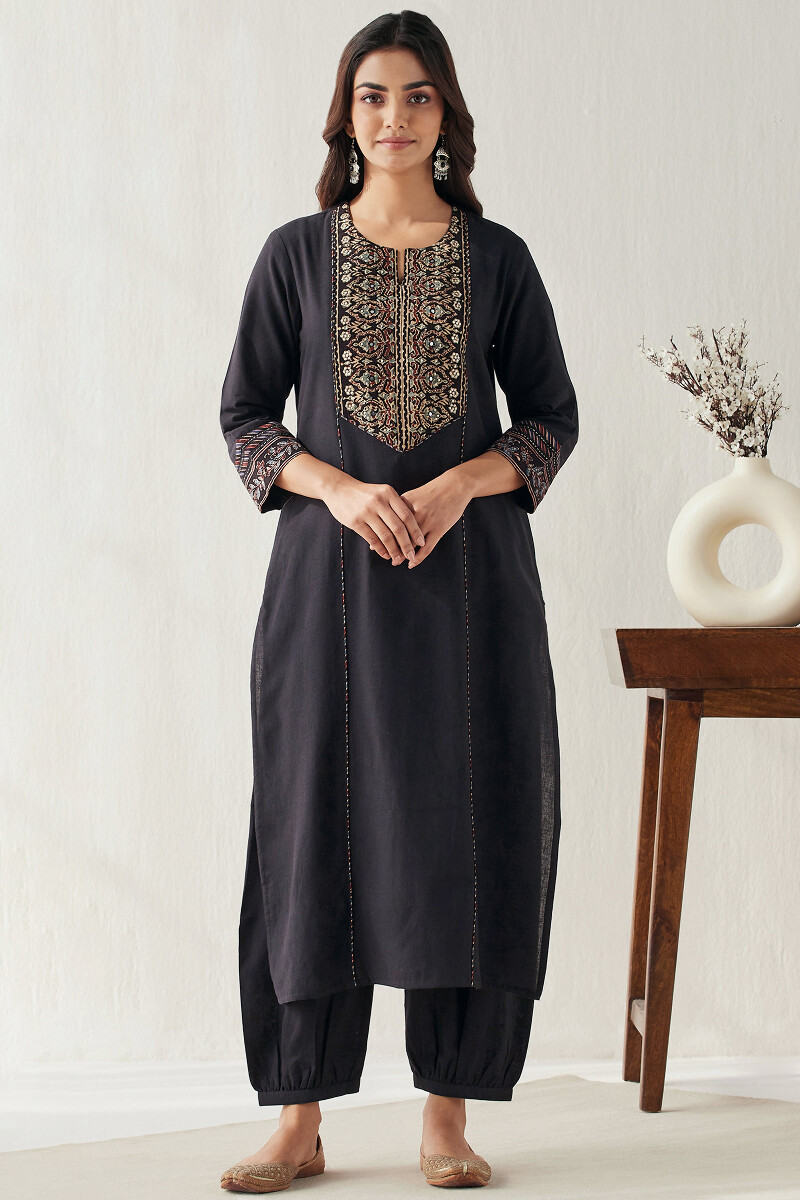 Black Hand Block Printed Straight Handloom Kurta