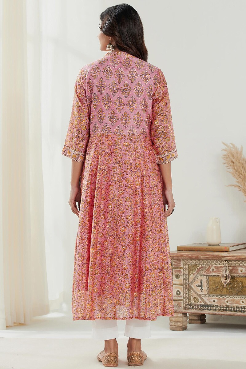 Pink Hand Block Printed Anarkali Chanderi Kurta