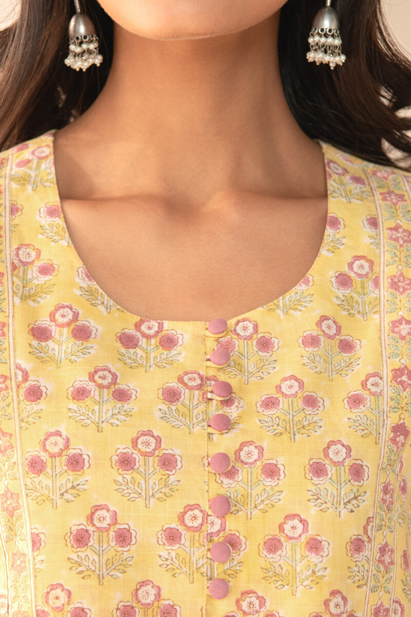 Yellow Hand Block Printed Cotton Slub Top