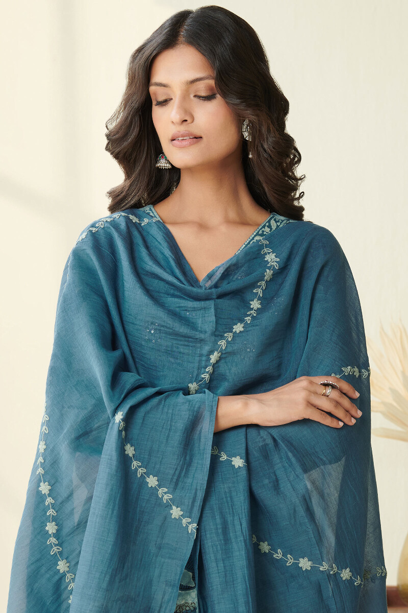 Blue Hand Block Printed Cotton Silk Dupatta