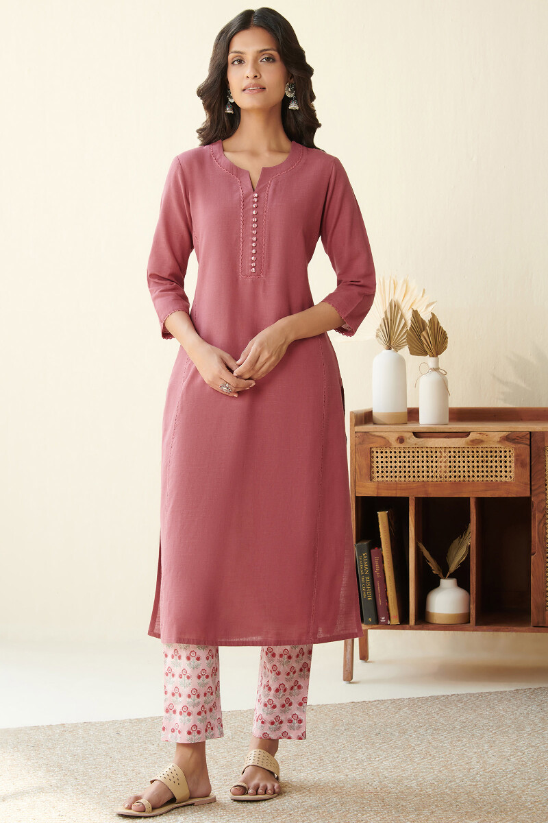 Red Handcrafted Straight Cotton Kurta