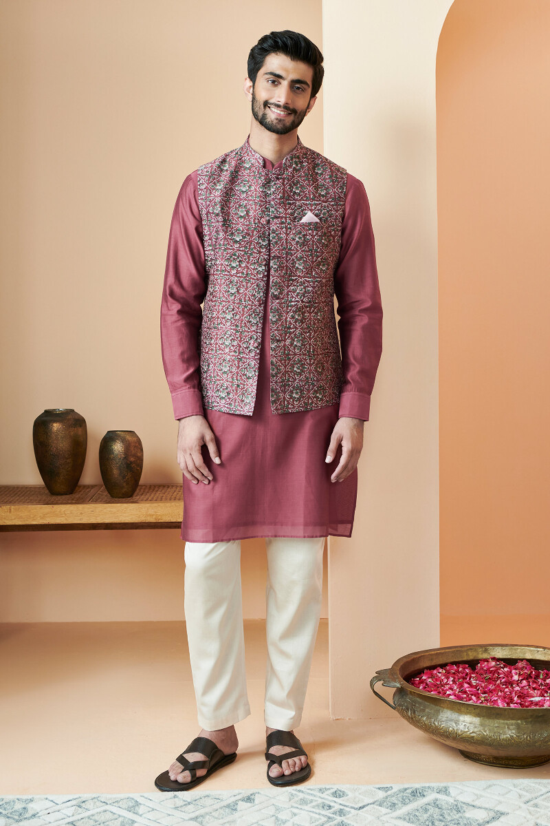 Maroon Hand Block Printed Chanderi Nehru Jacket