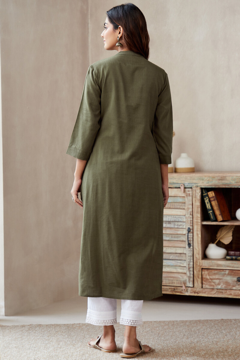 Olive Green Handcrafted Straight Rayon Slub Kurta