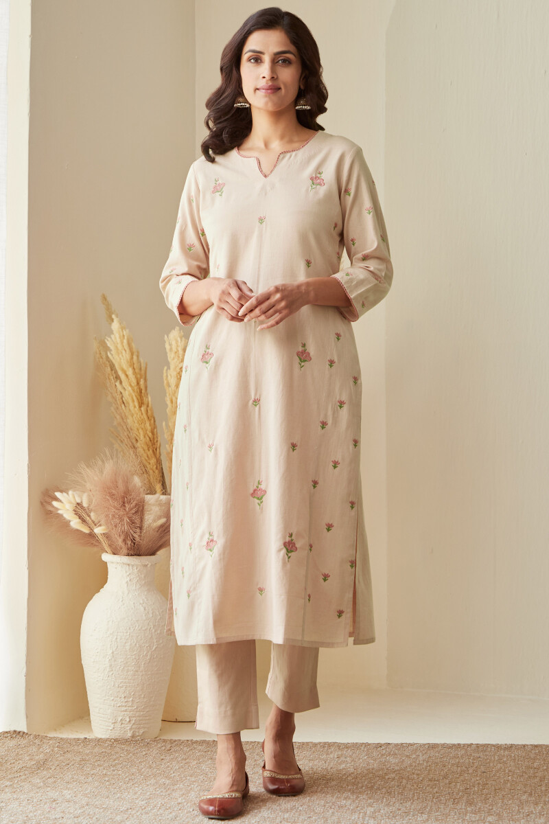 Peach Handcrafted Straight Cotton Flax Kurta