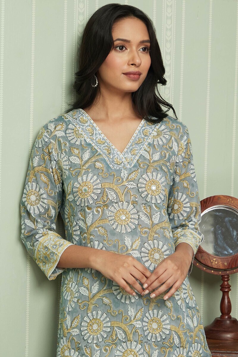 Grey Hand Block-Printed A-Line Cotton Mul Kurta