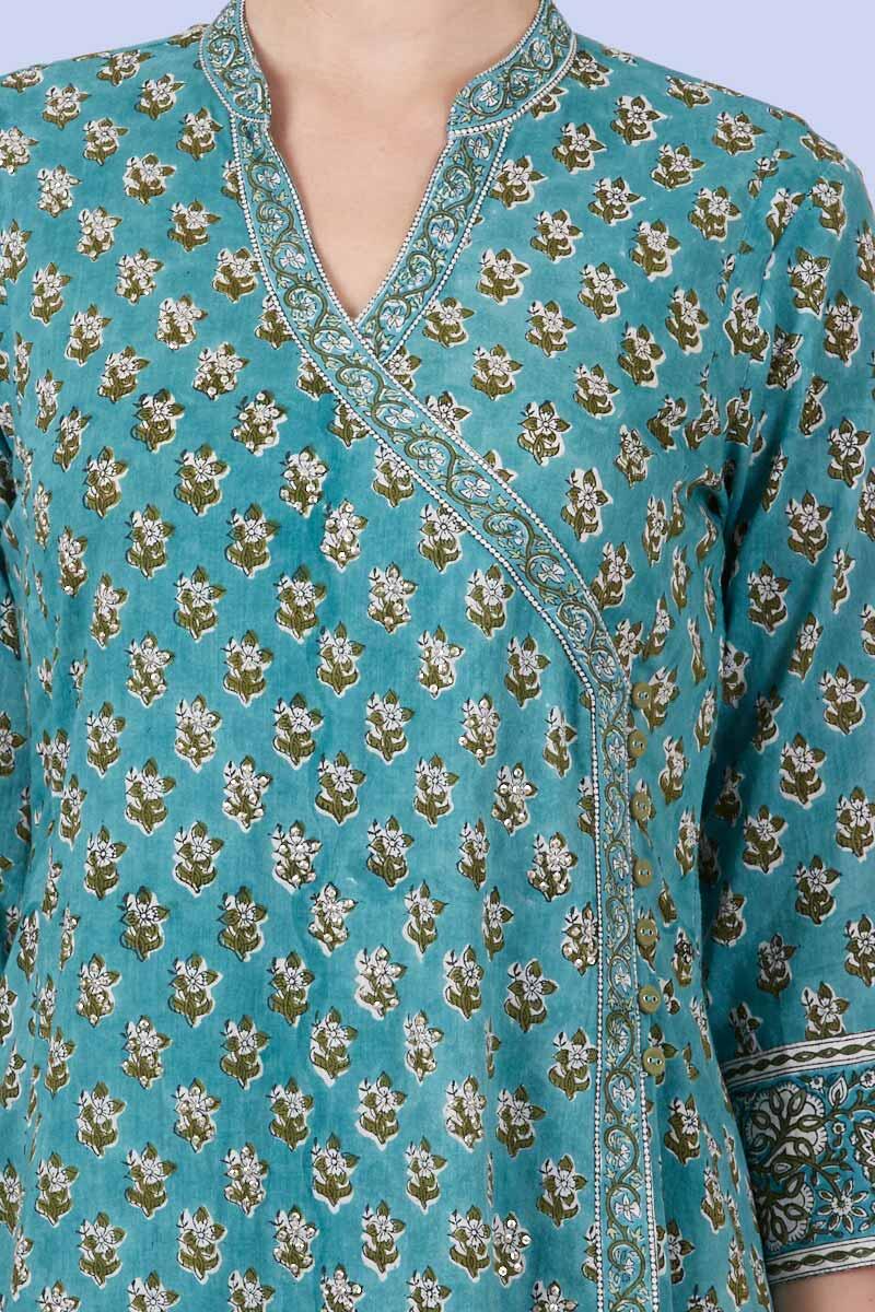 Blue Block Printed Angrakha Cotton Kurta