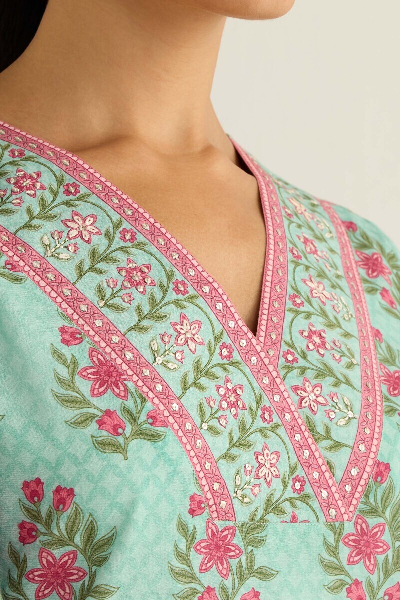 Blue Printed Straight Cotton Kurta