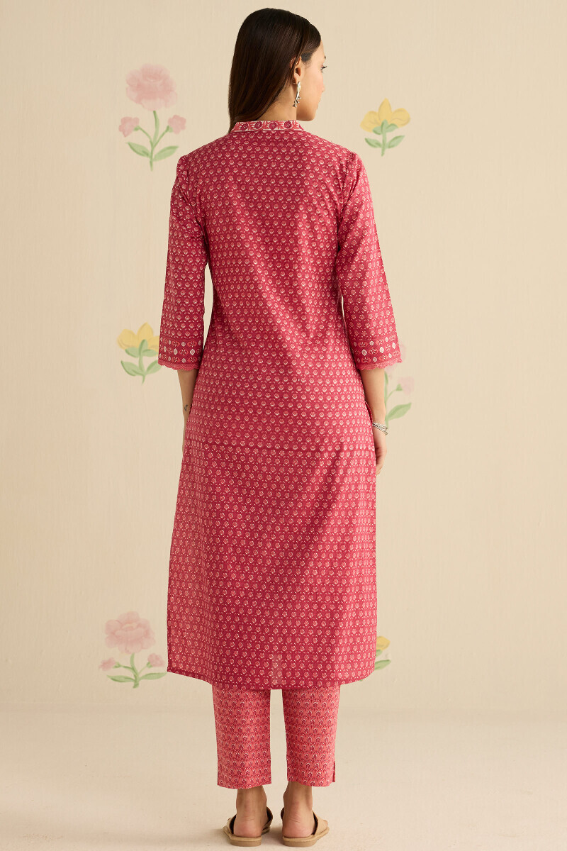 Pink Hand Printed Straight Cotton Kurta