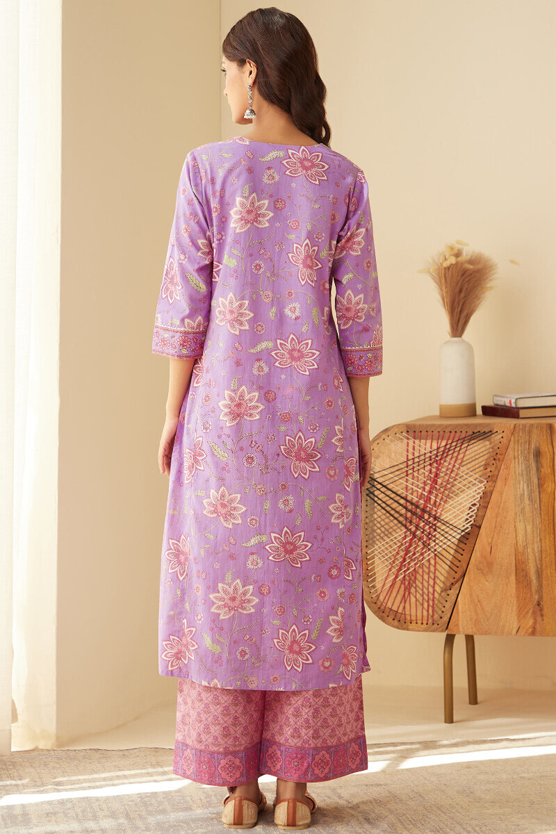 Purple Hand Printed Straight Cotton Kurta