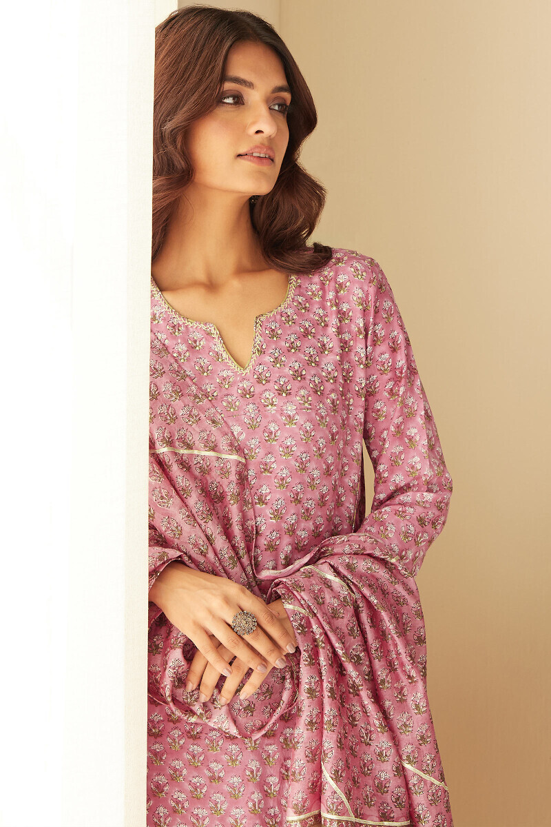 Purple Hand Block-Printed Straight Viscose Kurta