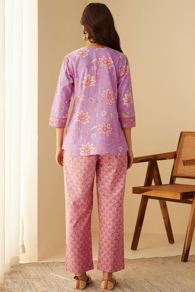 Purple Hand Printed Cotton Loungewear Set