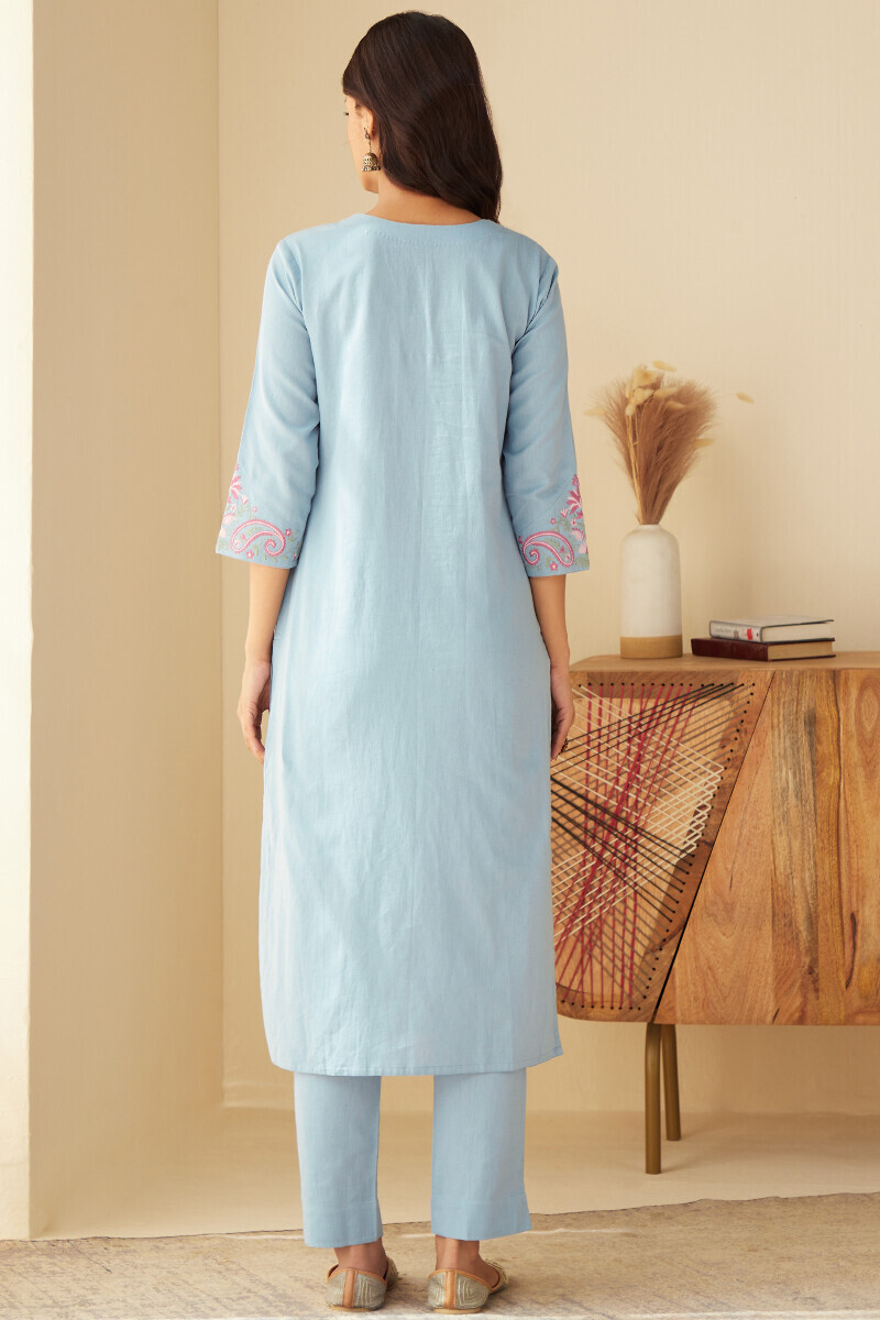 Sky Blue handcrafted Straight Cotton Flax Kurta