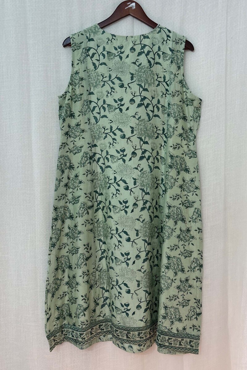 Green Hand Block-Printed A-Line Chanderi Kurta