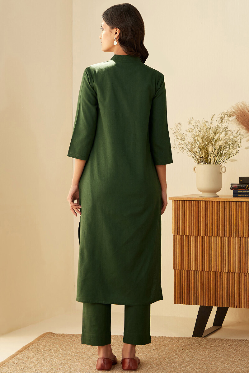 Forest Green Handcrafted Straight Cotton Flax Kurta