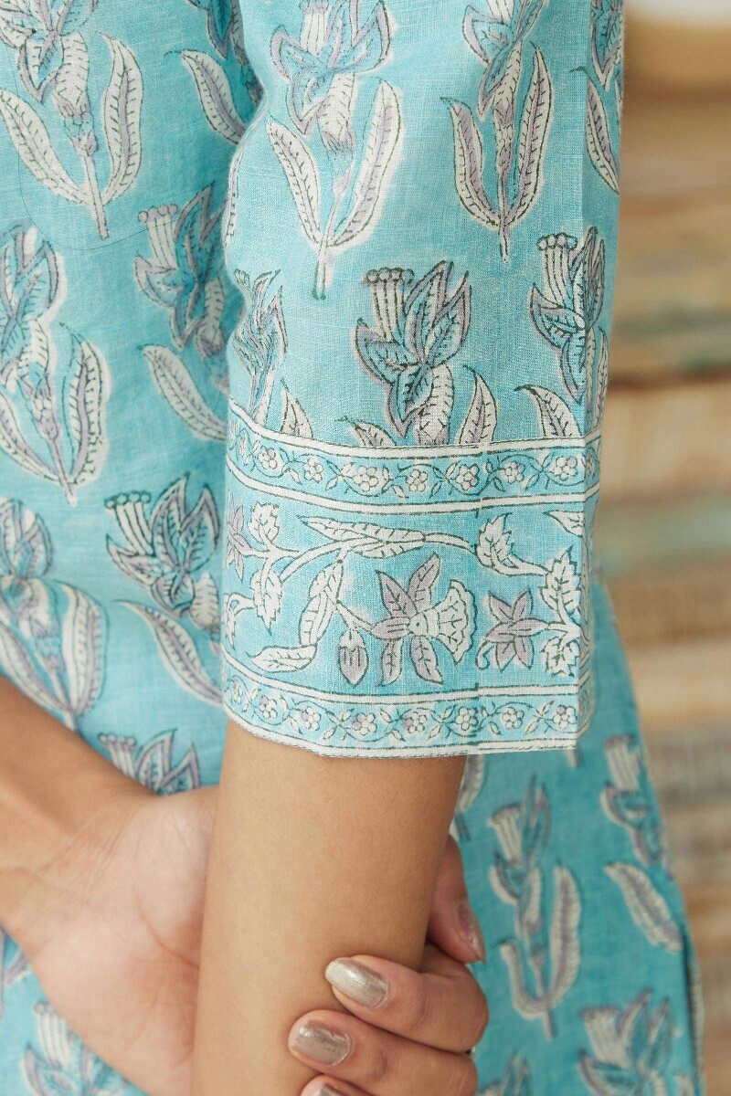 Blue Hand Block-Printed Straight Cotton Slub Kurta